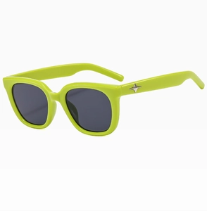 Side view of lime green square sunglasses featuring a silver star detail on the temple