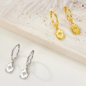Elegant S925 sterling silver hoop earrings with rectangular starburst pendants