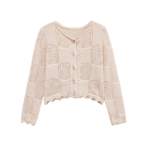 Women French Vintage Hollow Out Knit Cardigan Scalloped Edge Round Neck Long Sleeve Button Up Short Sweater Top Beige