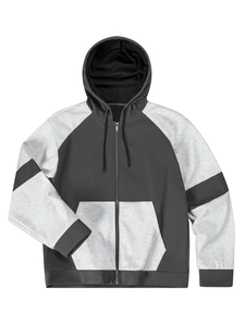 Grauer Kapuzenpullover mit Reißverschluss, Kordelzug und Stricktextur-Design