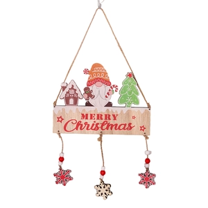 Detail of wooden Merry Christmas hanging sign with gnome, beads and snowflake charms