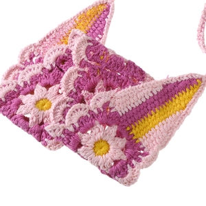 Knitted sunflower headband with crochet cat ears in pink and yellow floral design