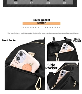 Detailed view of the multi-pocket structure and storage capacity of the black nylon backpack