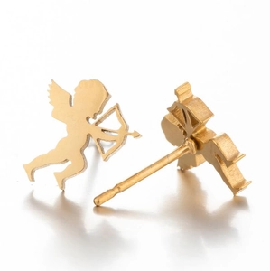 Golden Cupid arrow stud earrings in stainless steel with minimalist romantic style