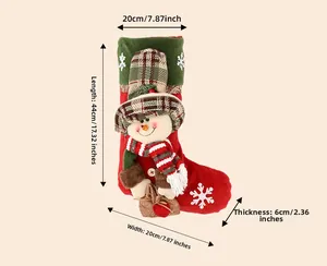 Detailed size chart of Christmas stocking featuring 3D snowman and snowflake patterns