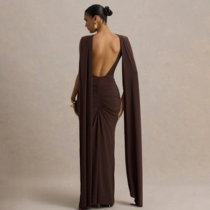 Abito Da Sera Senza Maniche Poliestere Arricciato Vestibilità Slim Schiena Scoperta Mantello Elegante Party Maxi Donna