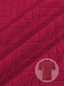 Close-up of burgundy waffle knit texture on men's short-sleeved casual polo shirt