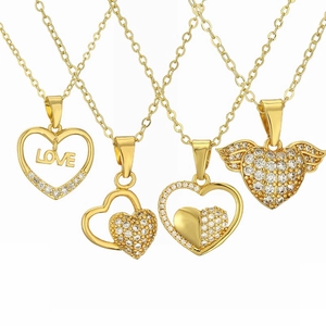 Heart Pendant Necklace Copper Micro Pave Zircon LOVE Letter Wing Double Heart Fashion Jewelry For Women