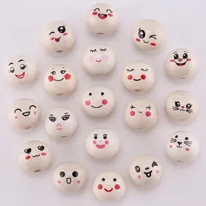 Natural Wood Beads Printed Smile Face Round Wooden Loose Beads DIY Crafts Jewelry Making Accessory