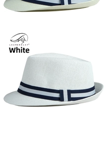 Detailed texture of white straw fedora hat featuring a blue and white striped ribbon band