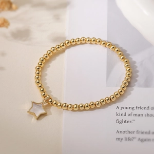 18K gold plated bead bracelet with star pendant and mother of pearl inlay for women