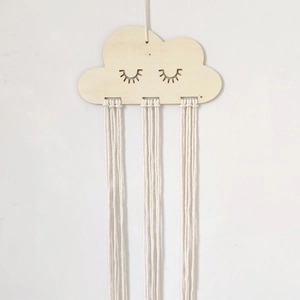 Cloud wooden hair clip organizer with sleeping eye carving and beige cotton fringe
