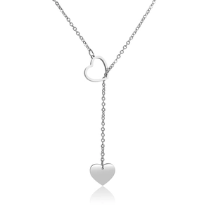 Minimalist silver stainless steel heart Y-necklace with open and solid heart pendants