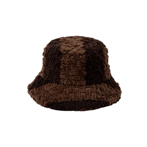 Women's warm plush bucket hat with brown color-block patchwork design for winter