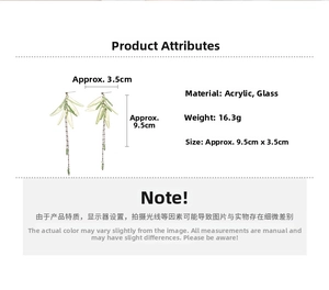 Detailed specs of green acrylic leaf earrings with dimensions 9.5cm by 3.5cm and weight 16.3g