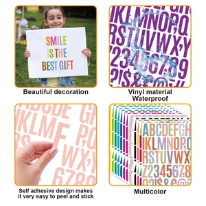 Waterproof multicolor vinyl alphabet and number stickers shown in various use cases