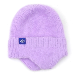Purple winter knitted earflap hat with snowflake logo patch for windproof warmth