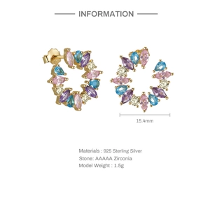 Detailed views of 15.4mm S925 silver stud earrings with colorful bezel-set zirconia