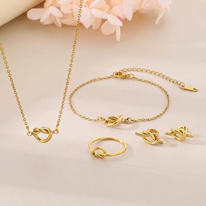 Minimalist Interlocking Knot Jewelry Set Stainless Steel Necklace Bracelet Earrings Ring Fashion Accessories For Women