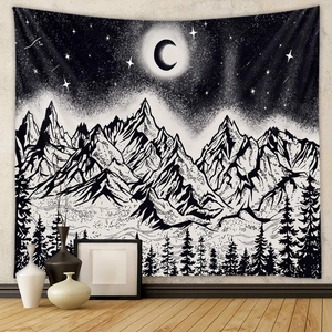Minimalist monochrome tapestry featuring mountain and starry forest landscape on white wall