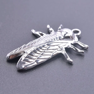 Detailed silver stainless steel cicada insect pendant with intricate wing textures