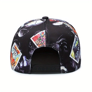 Rear view of black snapback hat with skull poker prints and adjustable strap