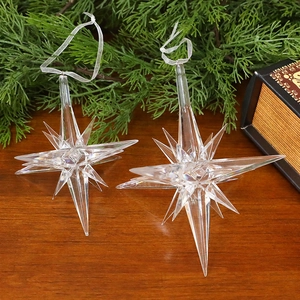 Set of 2 clear acrylic crystal star ornaments with white ribbons for Christmas tree decor