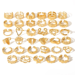 35-piece set of gold-plated stainless steel open rings with heart and floral designs