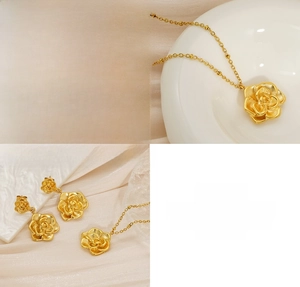 Détails d'un ensemble de bijoux rose en acier inoxydable plaqué or 18 carats avec collier