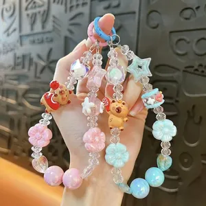Cute Capybara Beaded Phone Strap Keychain Acrylic Star Flower Bag Charm For Women Kids Keyring Handbag Accessory Gift