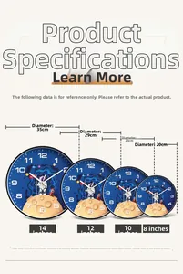 Size comparison chart for astronaut wall clocks ranging from 8 to 14 inches diameter