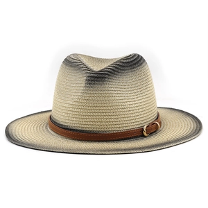 Unisex gradient weave straw jazz hat with leather belt and golden buckle for sun protection