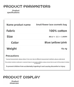Detailed size and material chart for the 100% cotton lace floral cosmetic bag