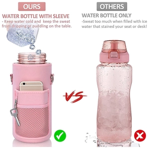 Comparison showing pink neoprene sleeve preventing condensation vs bottle without sleeve