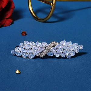 Close-up of sparkling marquise cubic zirconia hair clip with high-end silver finish