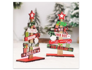 Detailed view of layered wooden Christmas tree ornaments with red and green plaid patterns