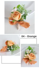 Detail of orange silk rose boutonniere with lily of the valley and satin ribbon bow