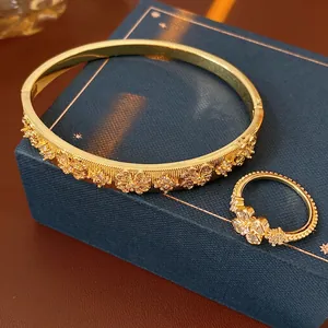 Flower Adjustable Ring Copper Gold Plated With Zircon High End Elegant Floral Jewelry For Women