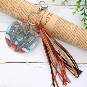 Acrylic keychain with sunflower cactus print and colorful faux suede tassel pendant