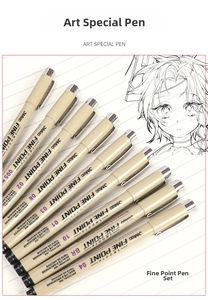 Set of 9 professional waterproof drawing pens with various nib sizes on grid paper