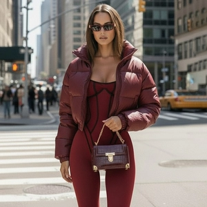 Street style view of deep red slim fit jumpsuit and matching puffer jacket on city street