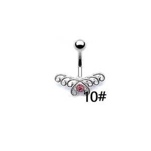 Detail of silver butterfly belly ring with a central pink gemstone and intricate cutout design