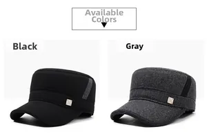 Detail view of winter flat top military caps with metal logo and contrast stripes
