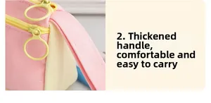 Detail of thickened handle and round zipper puller on pink canvas stationery bag