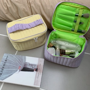 Quilted large capacity makeup bag set with brush slots and soft aesthetic design