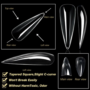 Professional transparent tapered square nail tips with multi-angle views and size marking