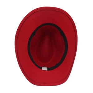 Detail view of red wool fedora interior showing the black sweatband and size 57 label