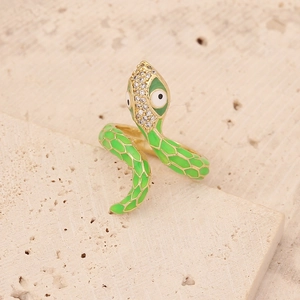 Green enamel snake ring in gold finish with sparkling zircon stones and scale texture