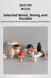 Detailed view of assorted colorful wooden mushrooms made from selected natural solid wood
