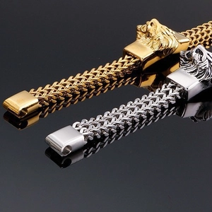 Bracelet lion vintage en acier inoxydable pour homme, finitions or et argent